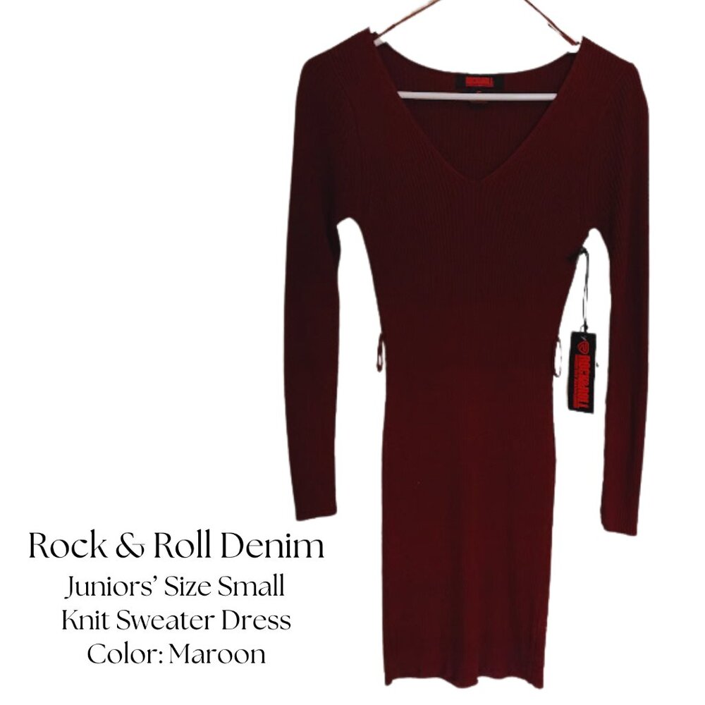 NWT Rock & Roll - Juniors' Maroon Ribbed Stretch Sweater Midi Dress, Size Small